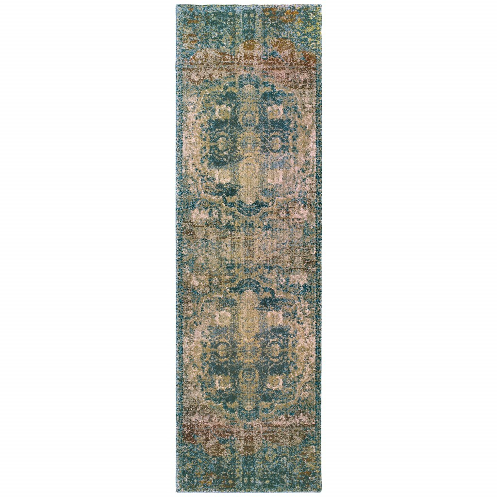 10’ X 13’ Sand And Blue Distressed Indoor Area Rug