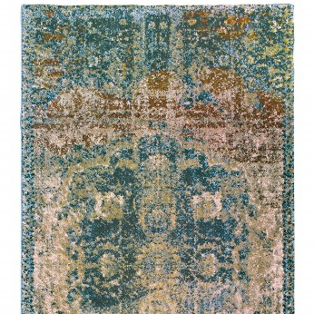 10’ X 13’ Sand And Blue Distressed Indoor Area Rug
