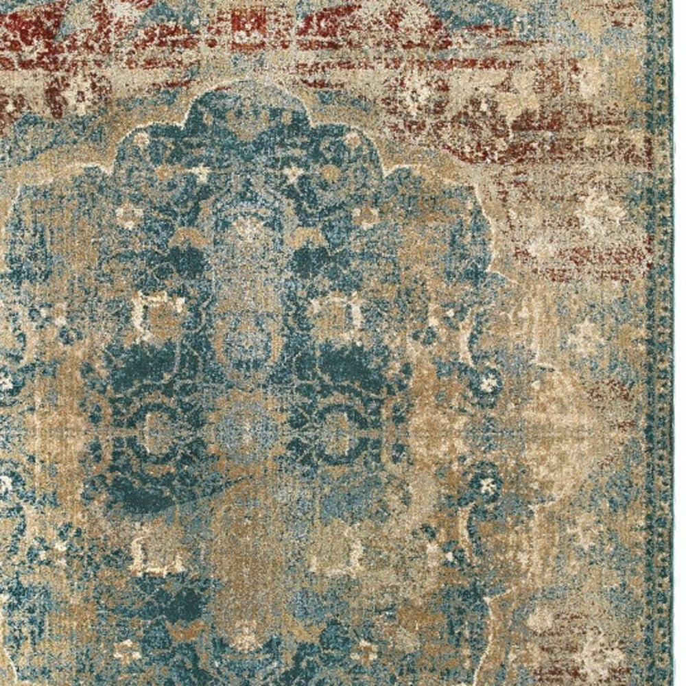 10’ X 13’ Sand And Blue Distressed Indoor Area Rug