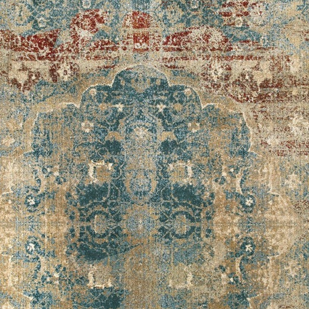 10’ X 13’ Sand And Blue Distressed Indoor Area Rug