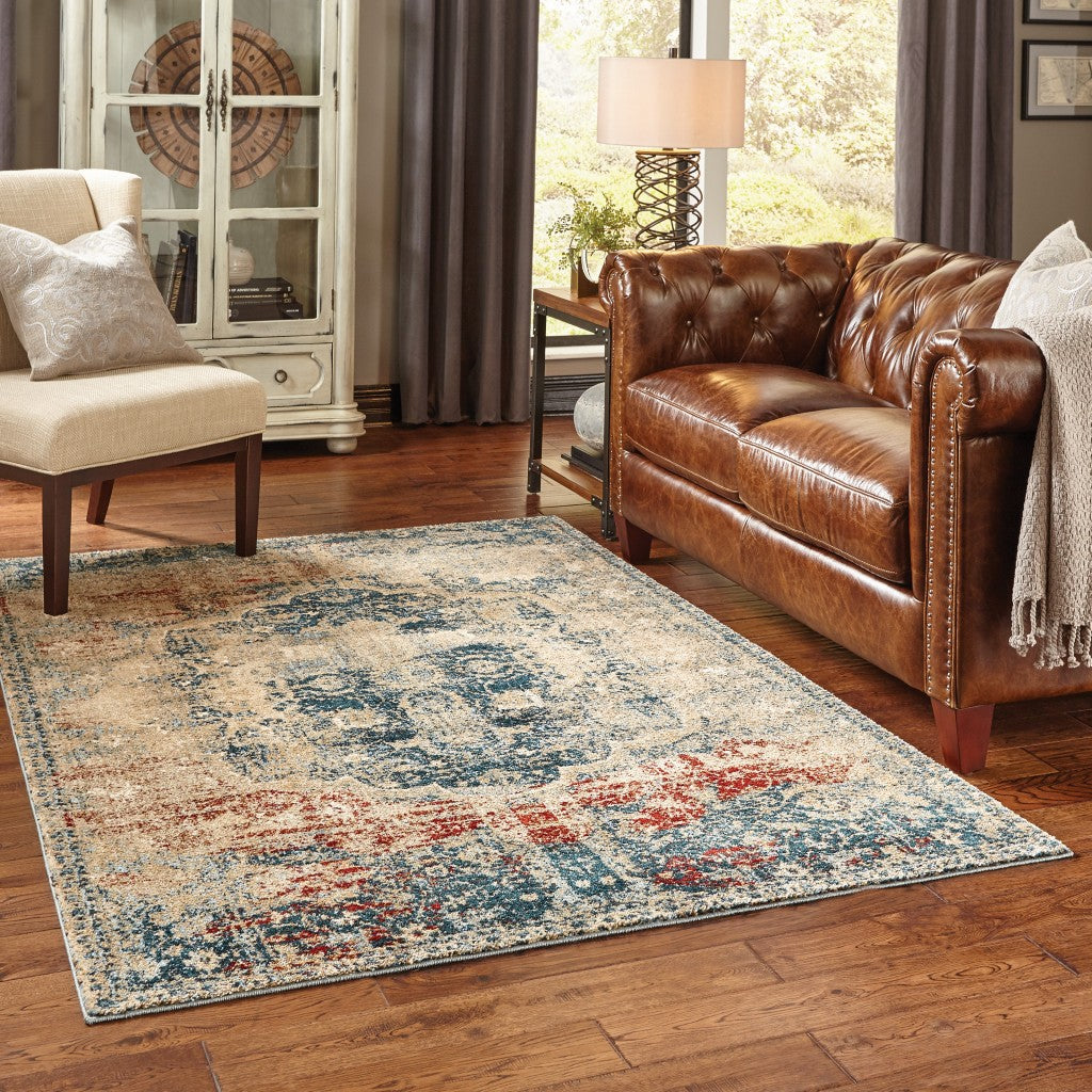 10’ X 13’ Sand And Blue Distressed Indoor Area Rug