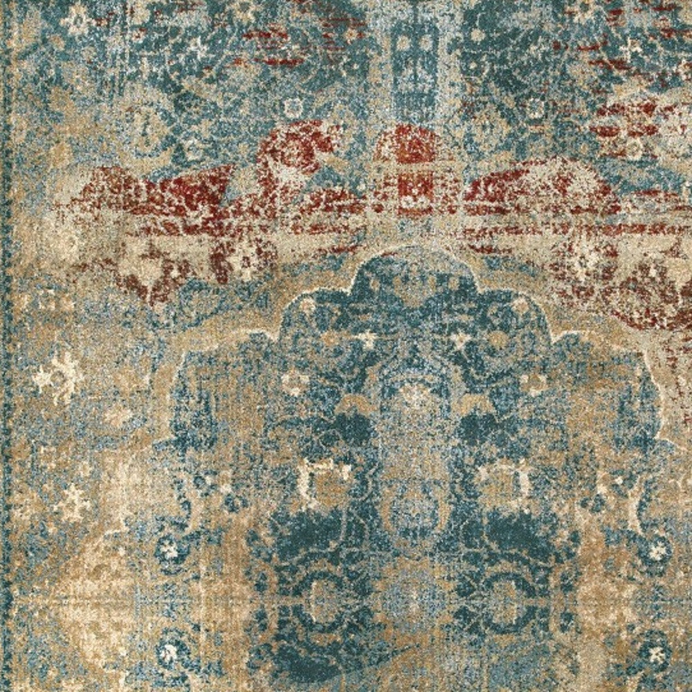 10’ X 13’ Sand And Blue Distressed Indoor Area Rug