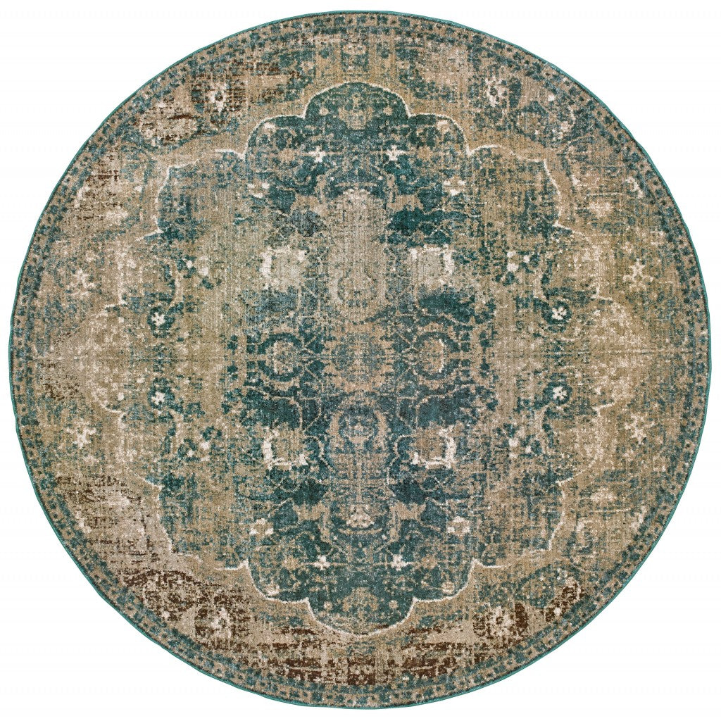 10’ X 13’ Sand And Blue Distressed Indoor Area Rug