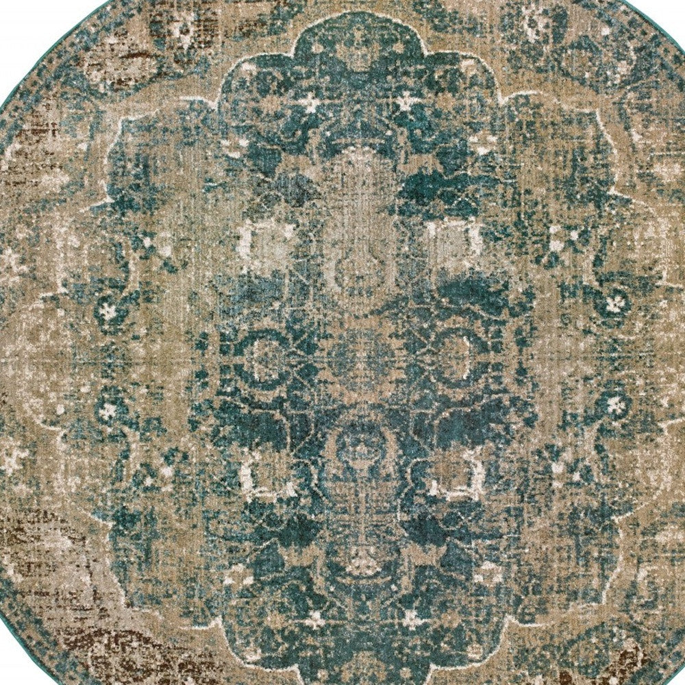 10’ X 13’ Sand And Blue Distressed Indoor Area Rug