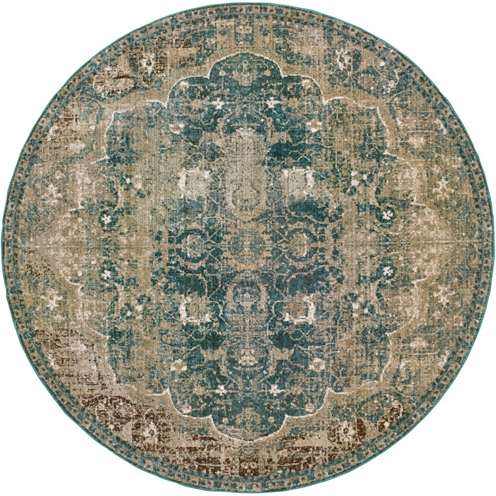 10’ X 13’ Sand And Blue Distressed Indoor Area Rug