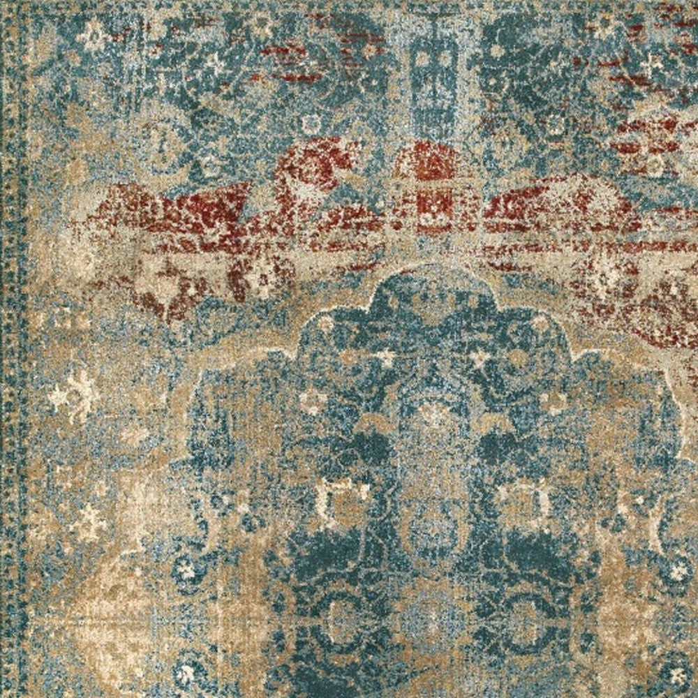 10’ X 13’ Sand And Blue Distressed Indoor Area Rug