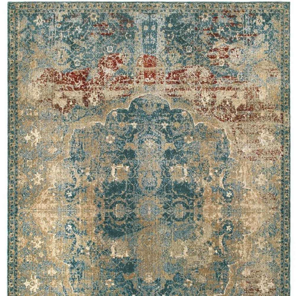 10’ X 13’ Sand And Blue Distressed Indoor Area Rug