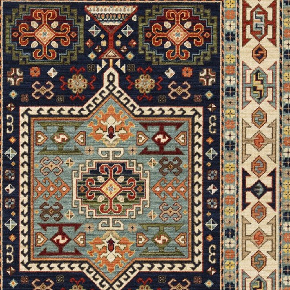 3' X 5' Blue Ivory Machine Woven Medallion Indoor Area Rug