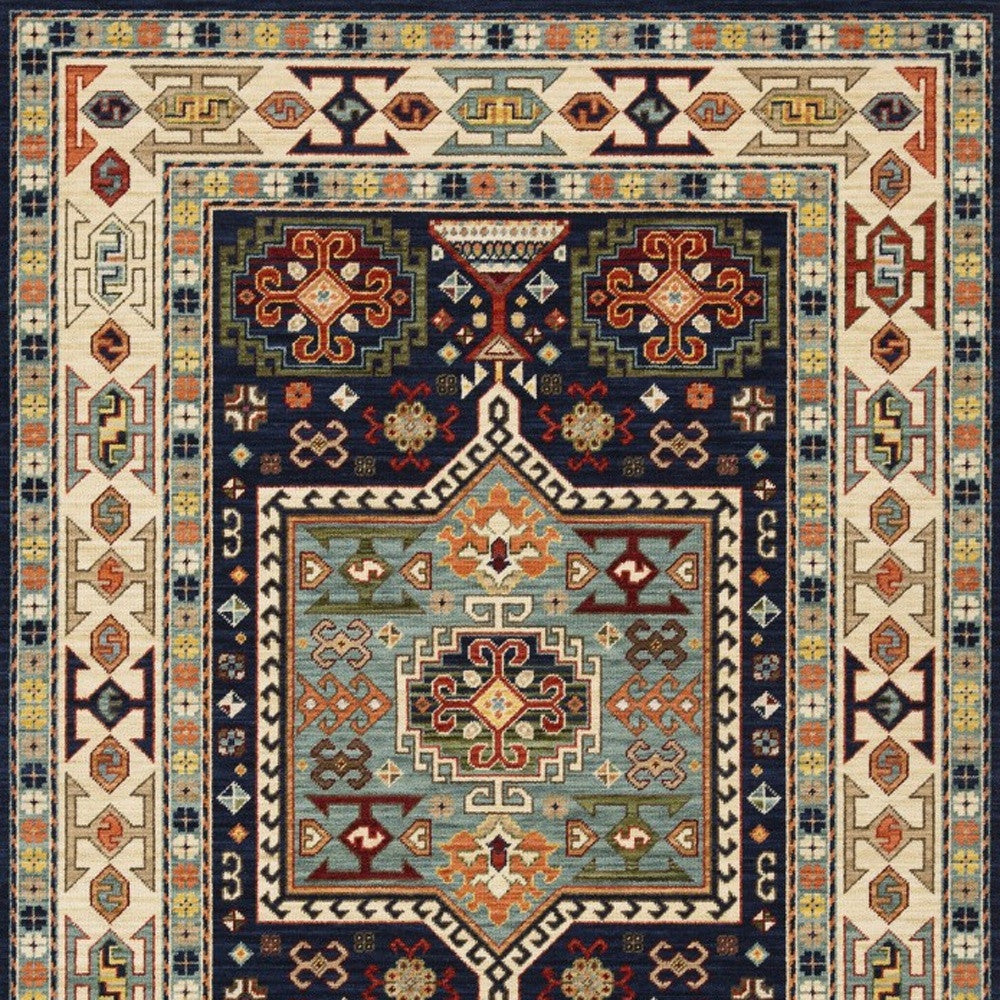 3' X 5' Blue Ivory Machine Woven Medallion Indoor Area Rug