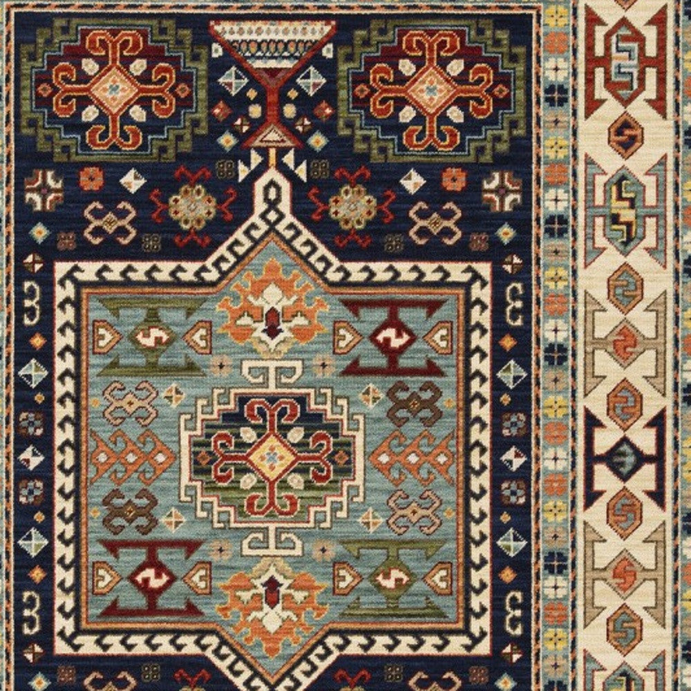 3' X 5' Blue Ivory Machine Woven Medallion Indoor Area Rug