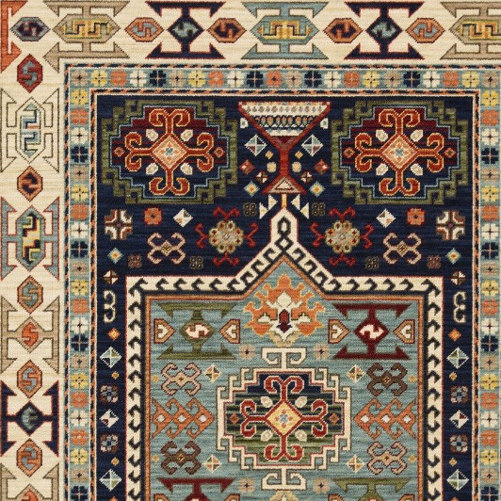 3' X 5' Blue Ivory Machine Woven Medallion Indoor Area Rug