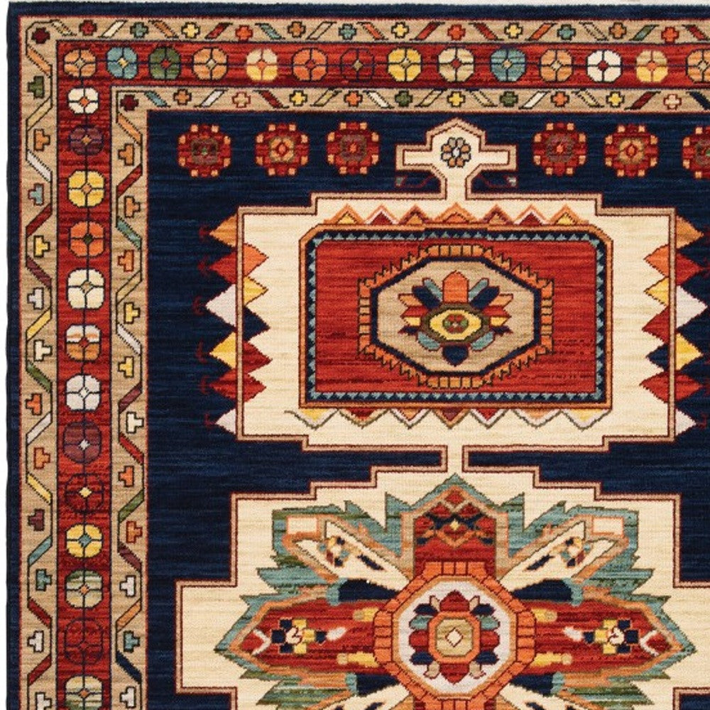 12' Blue Red Machine Woven Medallions Indoor Runner Rug