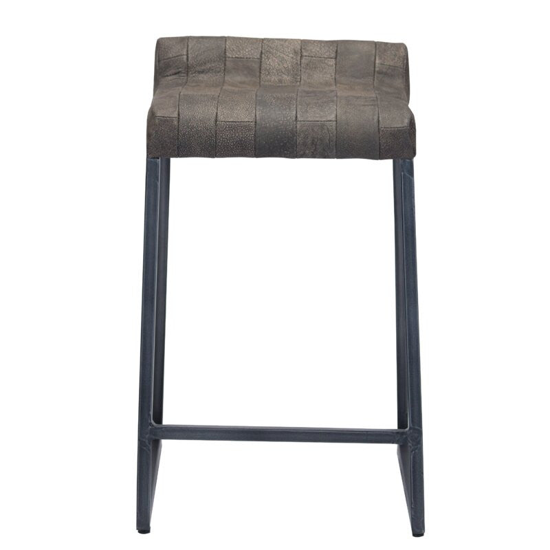 27" Bourbon Brown And Black Leather And Iron Low back Counter Height Bar Chair With Footrest