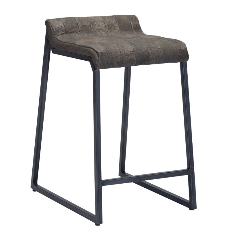 27" Bourbon Brown And Black Leather And Iron Low back Counter Height Bar Chair With Footrest