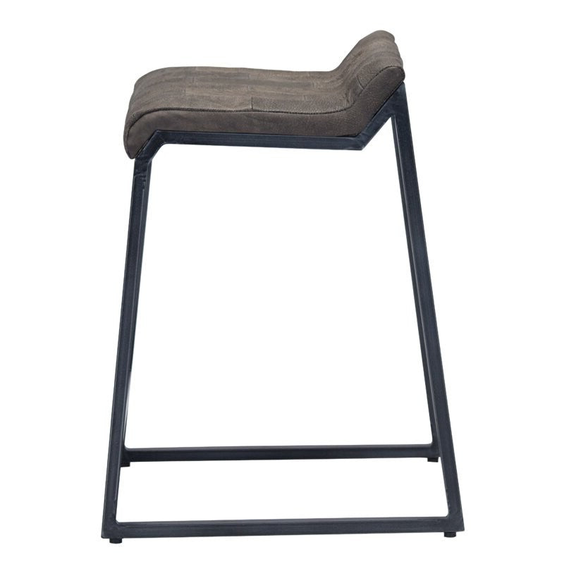 27" Bourbon Brown And Black Leather And Iron Low back Counter Height Bar Chair With Footrest