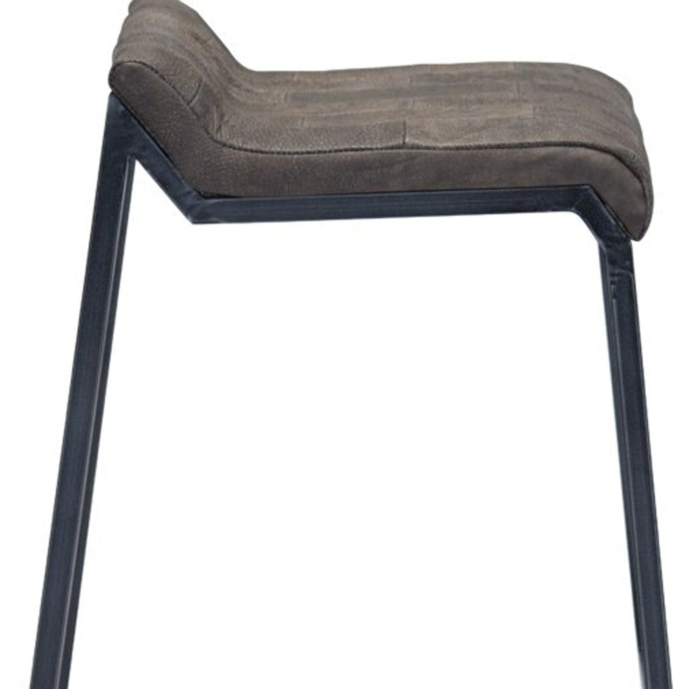 27" Bourbon Brown And Black Leather And Iron Low back Counter Height Bar Chair With Footrest