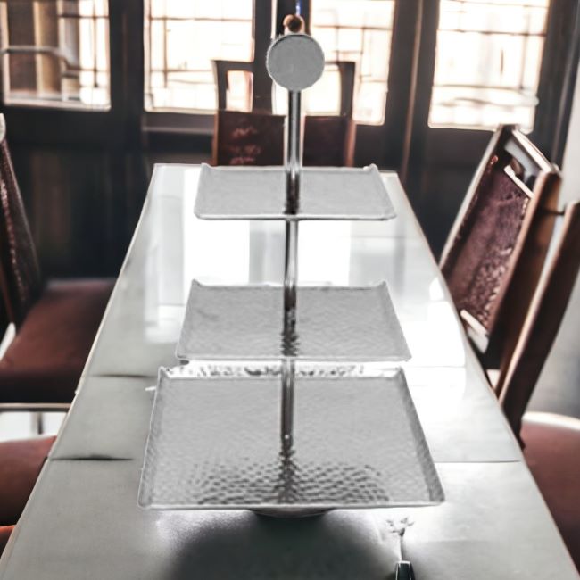 14" Silver Square Stainless Steel Hammered Handmade Three Tier Tray