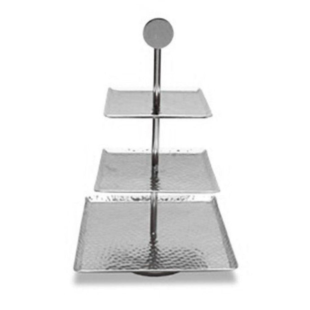 14" Silver Square Stainless Steel Hammered Handmade Three Tier Tray
