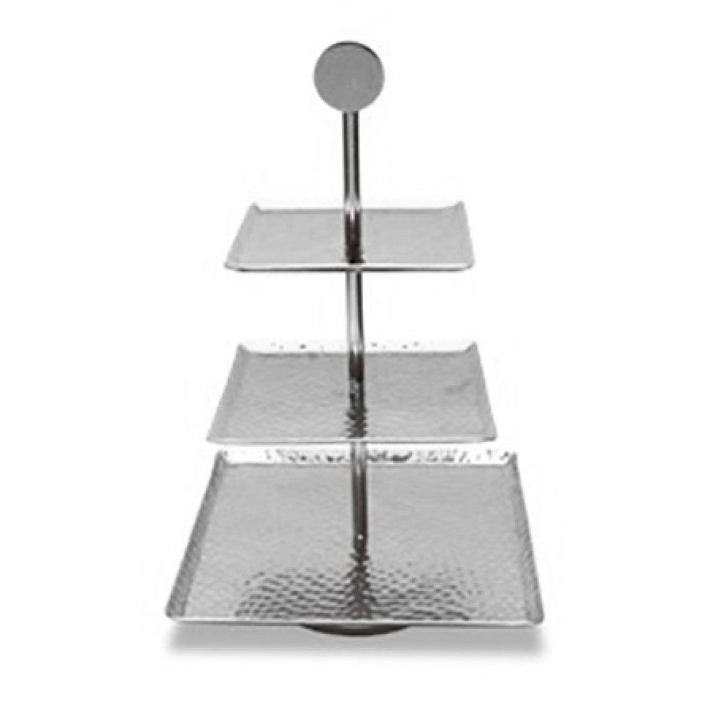 14" Silver Square Stainless Steel Hammered Handmade Three Tier Tray