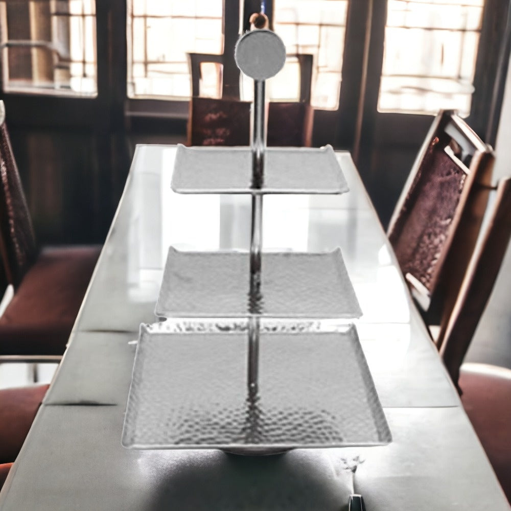 14" Silver Square Stainless Steel Hammered Handmade Three Tier Tray