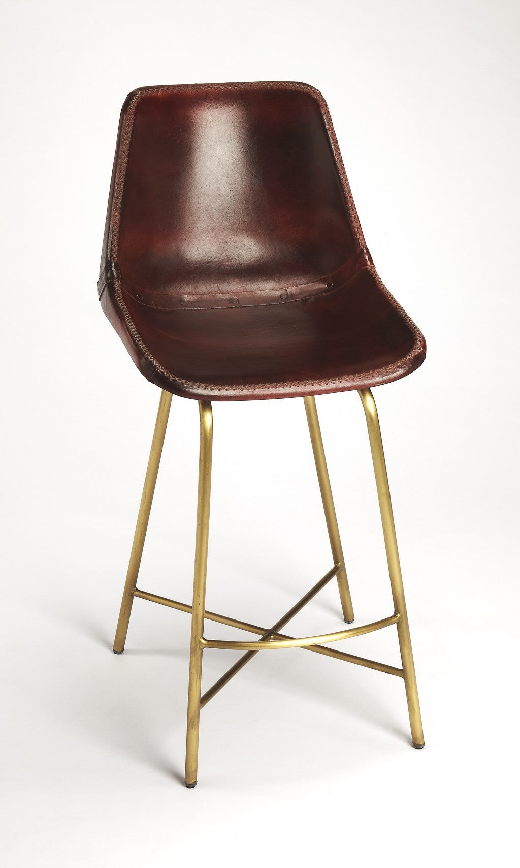 38" Brown And Gold Leather And Iron Bar Chair With Footrest