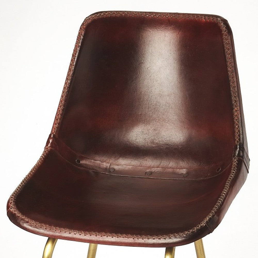 38" Brown And Gold Leather And Iron Bar Chair With Footrest