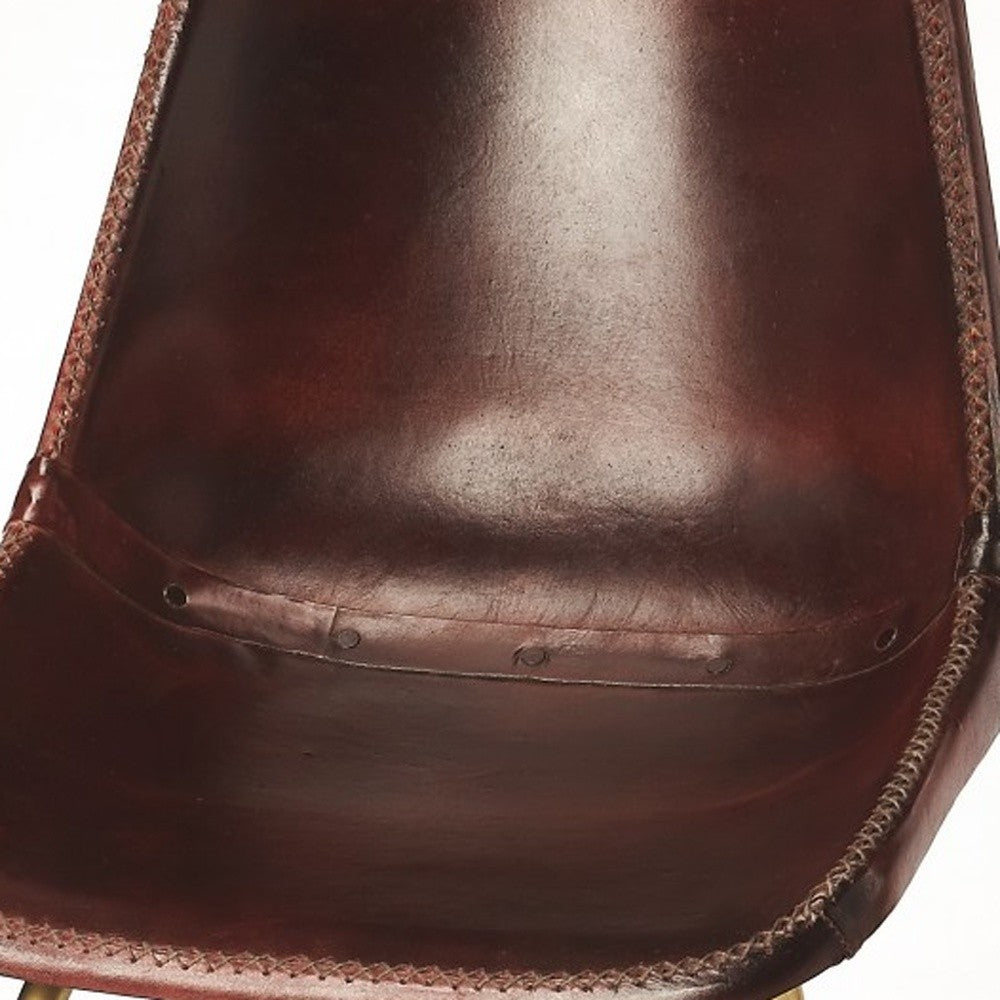 38" Brown And Gold Leather And Iron Bar Chair With Footrest