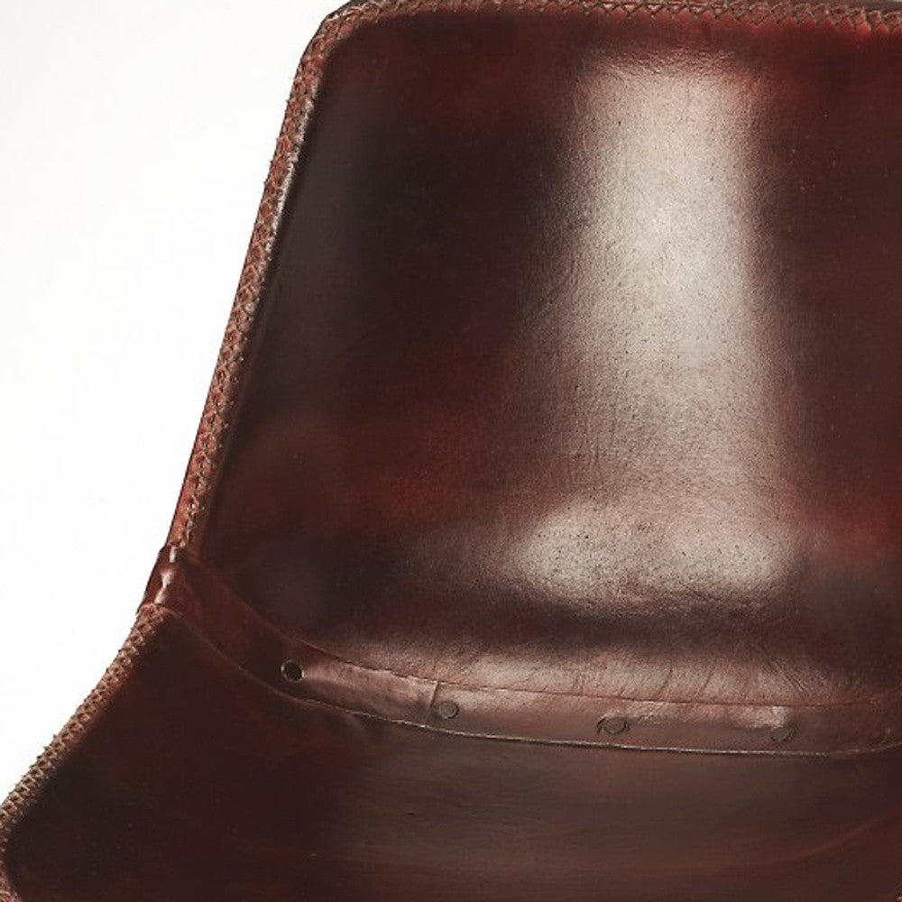 38" Brown And Gold Leather And Iron Bar Chair With Footrest