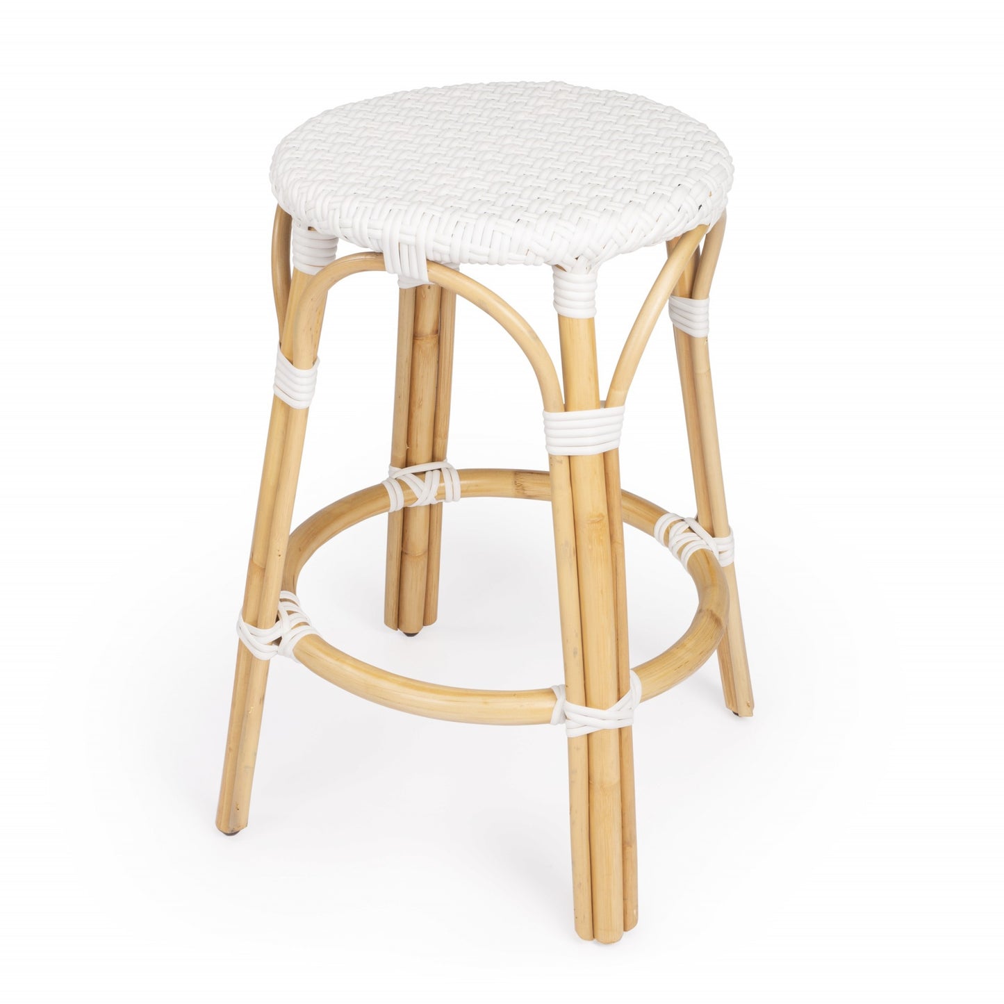 24" White And Natural Rattan Backless Counter Height Bar Chair With Footrest