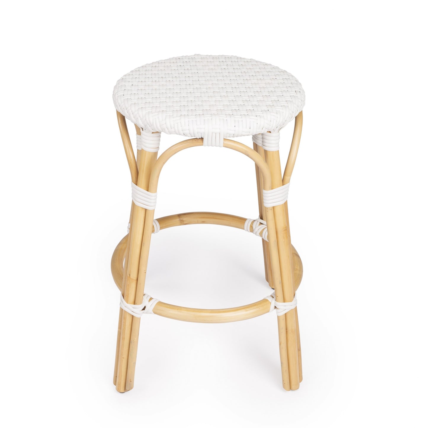 24" White And Natural Rattan Backless Counter Height Bar Chair With Footrest