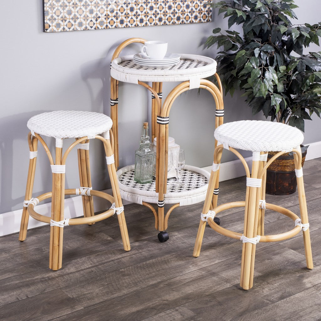 24" White And Natural Rattan Backless Counter Height Bar Chair With Footrest