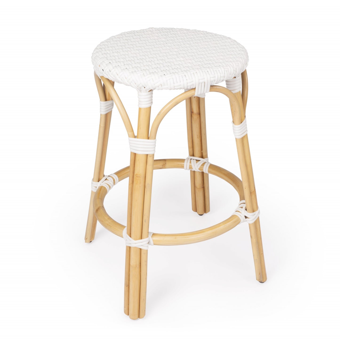 24" White And Natural Rattan Backless Counter Height Bar Chair With Footrest