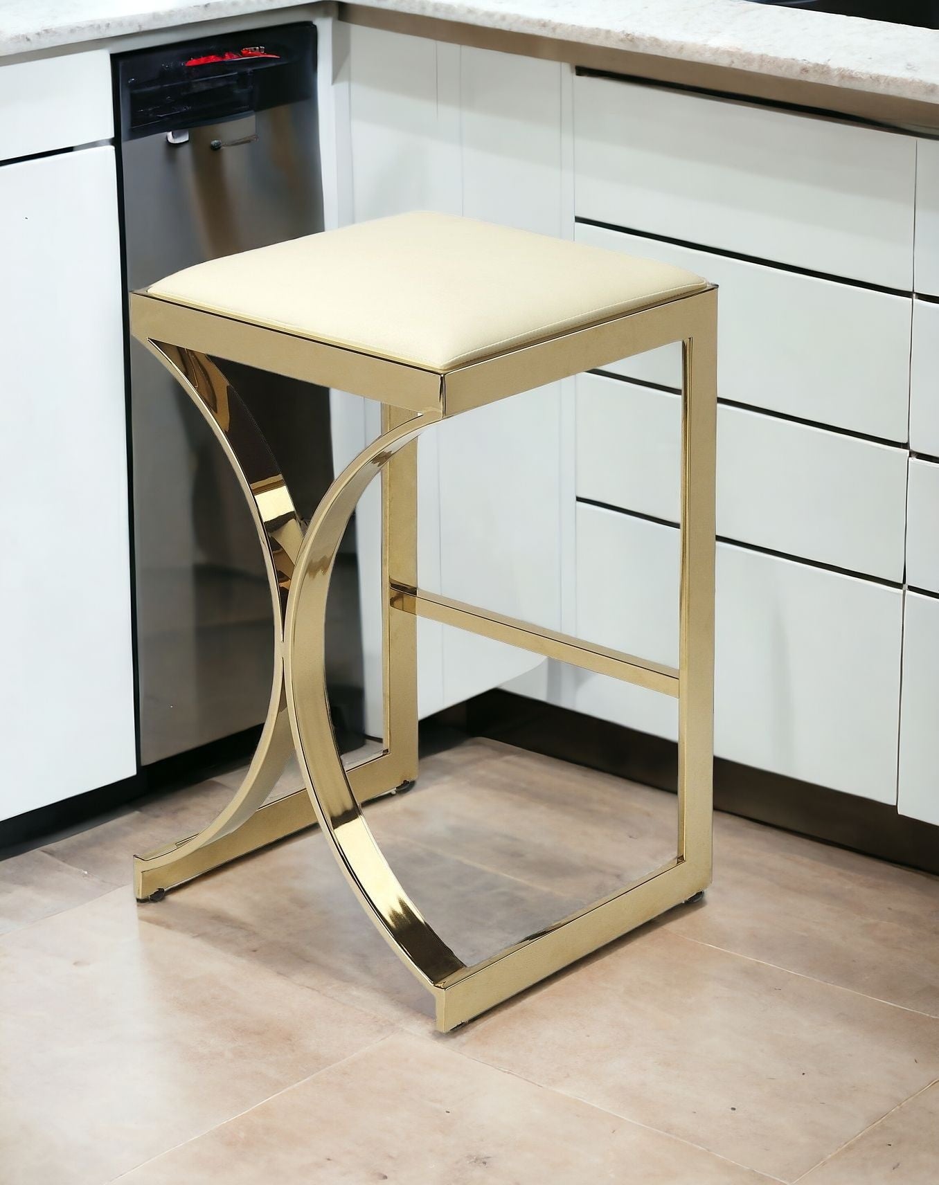 24" Off White And Gold Faux Leather And Iron Backless Counter Height Bar Chair With Footrest