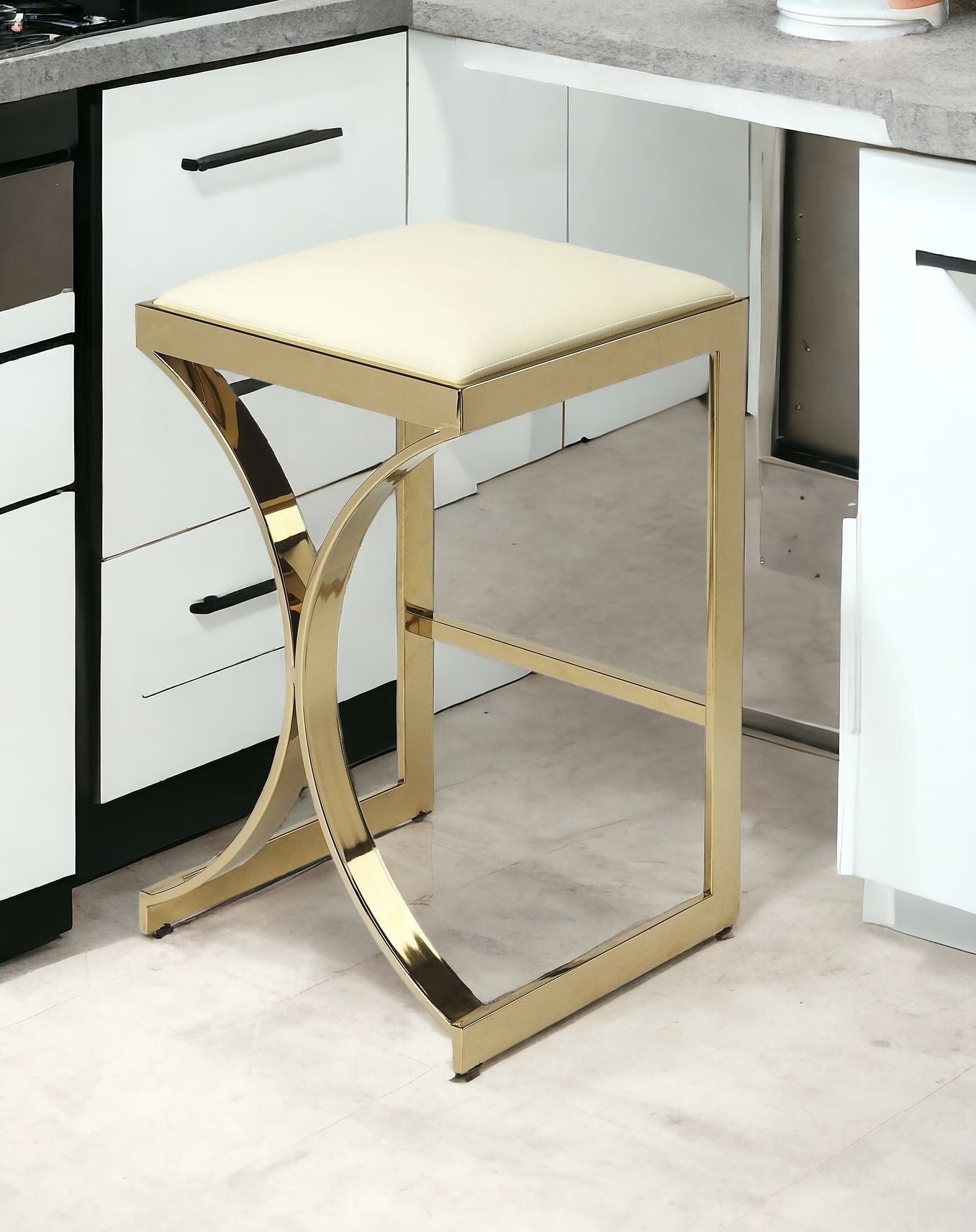 24" Off White And Gold Faux Leather And Iron Backless Counter Height Bar Chair With Footrest
