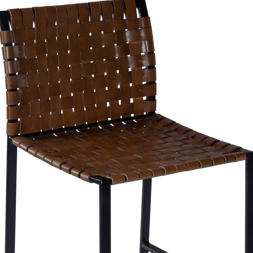 42" Brown And Black Leather And Steel Bar Chair With Footrest