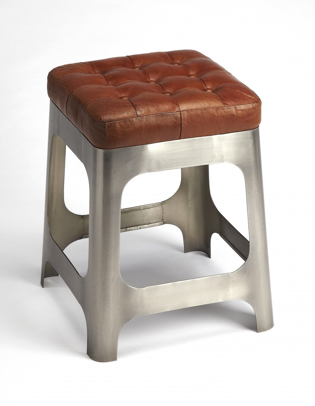 20" Brown And Silver Leather And Iron Backless Bar Chair With Footrest