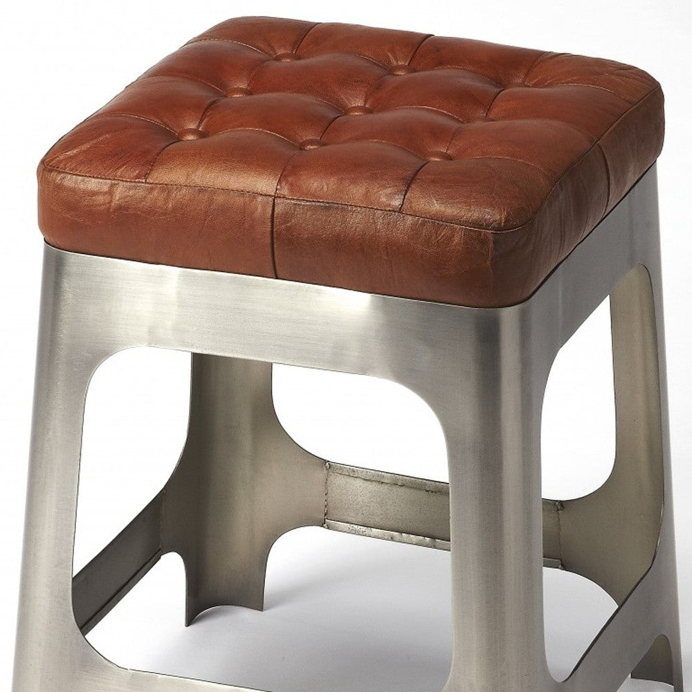 20" Brown And Silver Leather And Iron Backless Bar Chair With Footrest