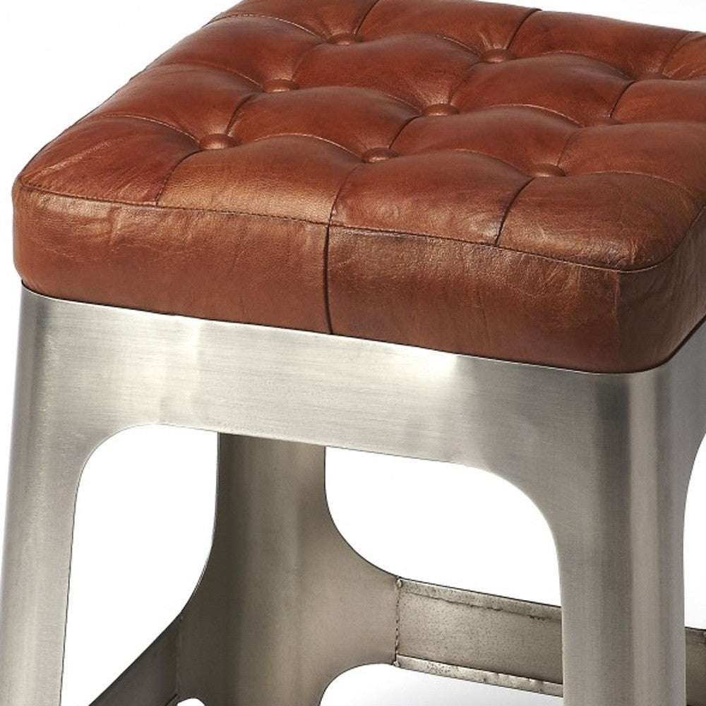 20" Brown And Silver Leather And Iron Backless Bar Chair With Footrest