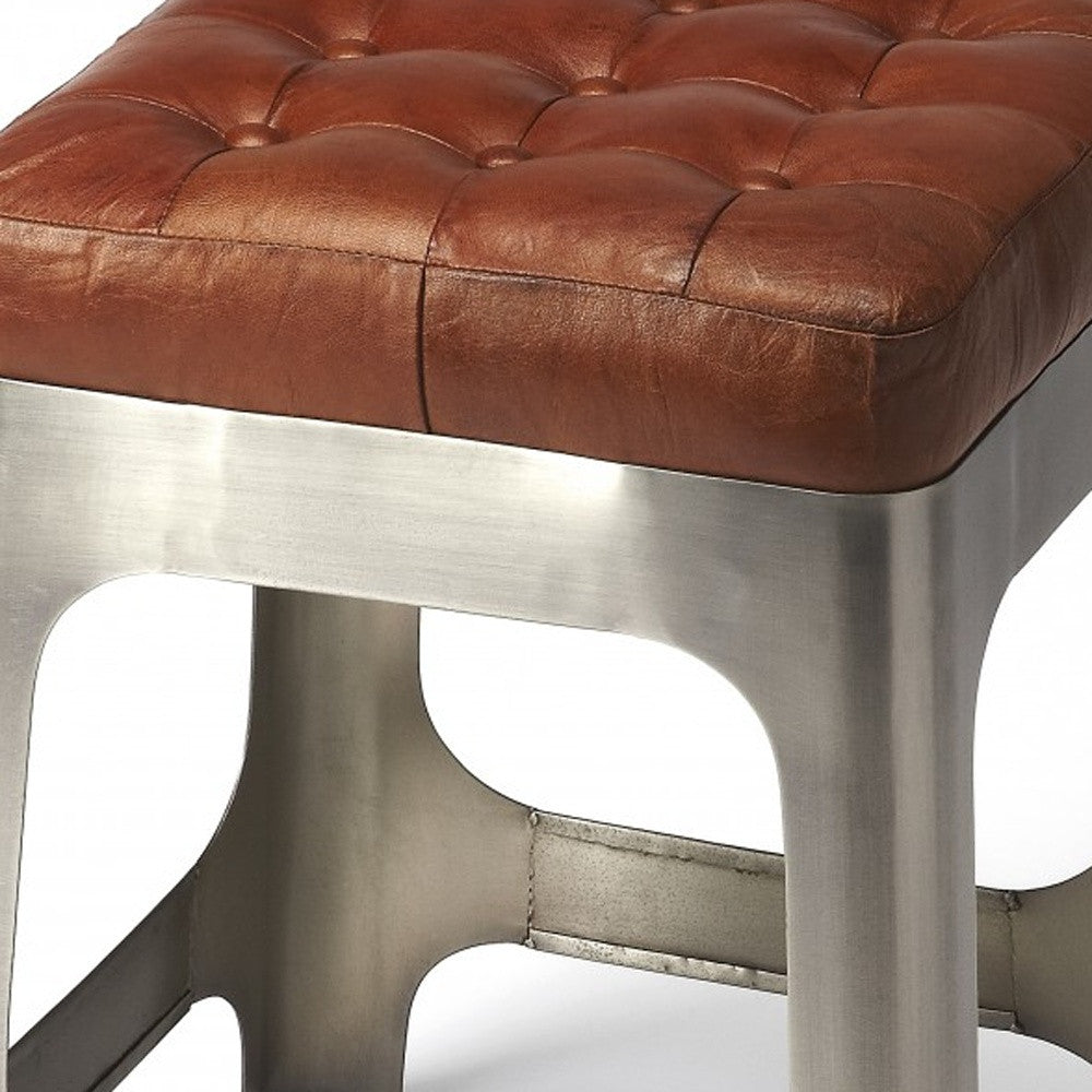 20" Brown And Silver Leather And Iron Backless Bar Chair With Footrest