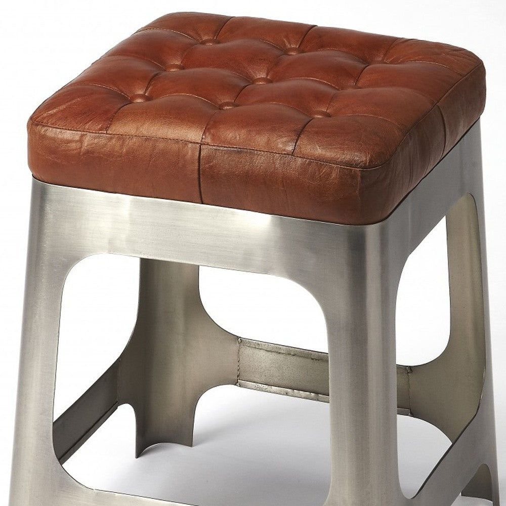 20" Brown And Silver Leather And Iron Backless Bar Chair With Footrest