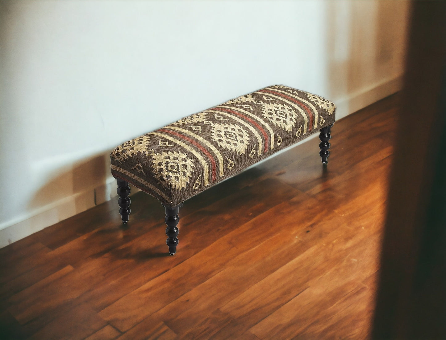 48" Brown Upholstered Wool Southwest Distressed Bench