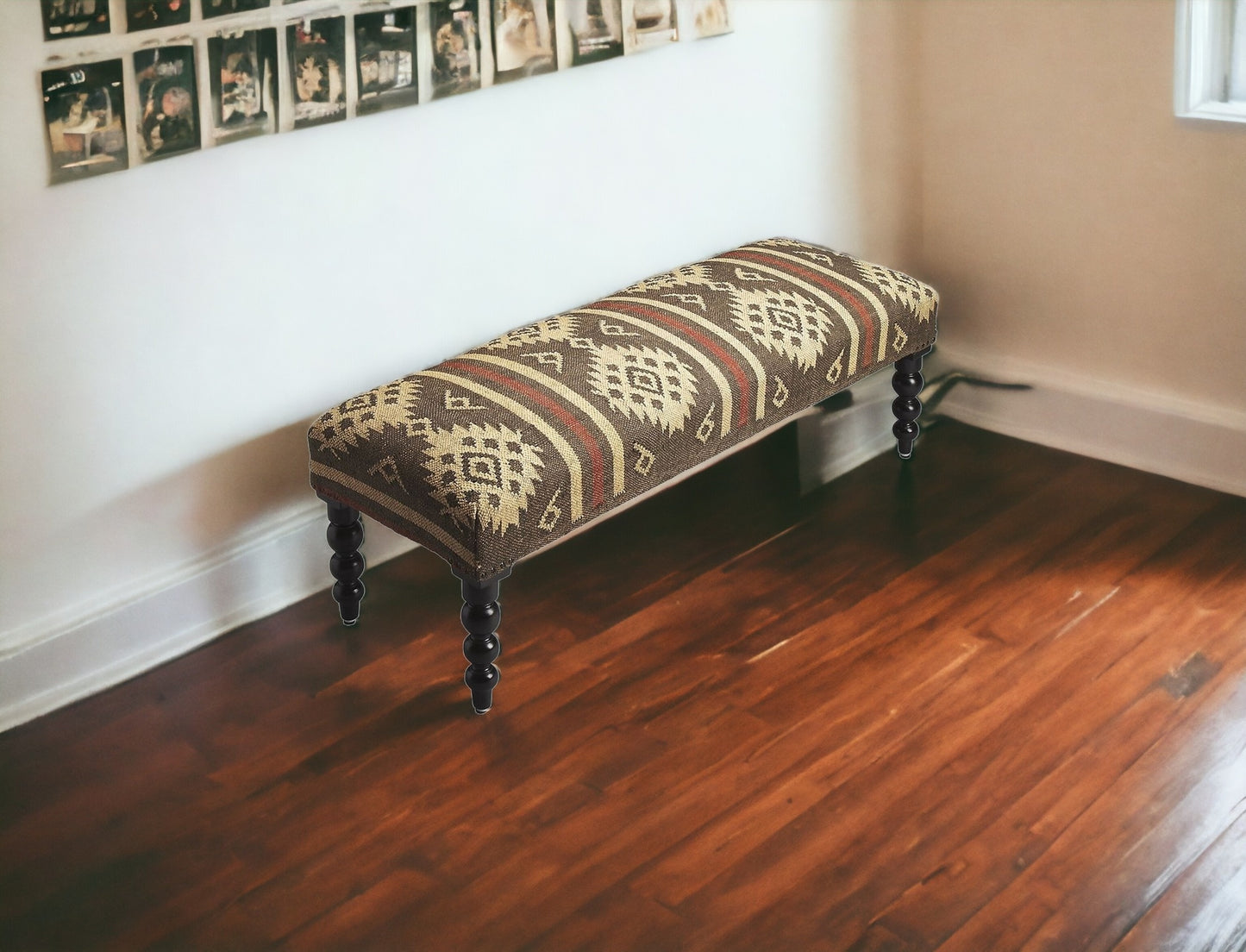 48" Brown Upholstered Wool Southwest Distressed Bench