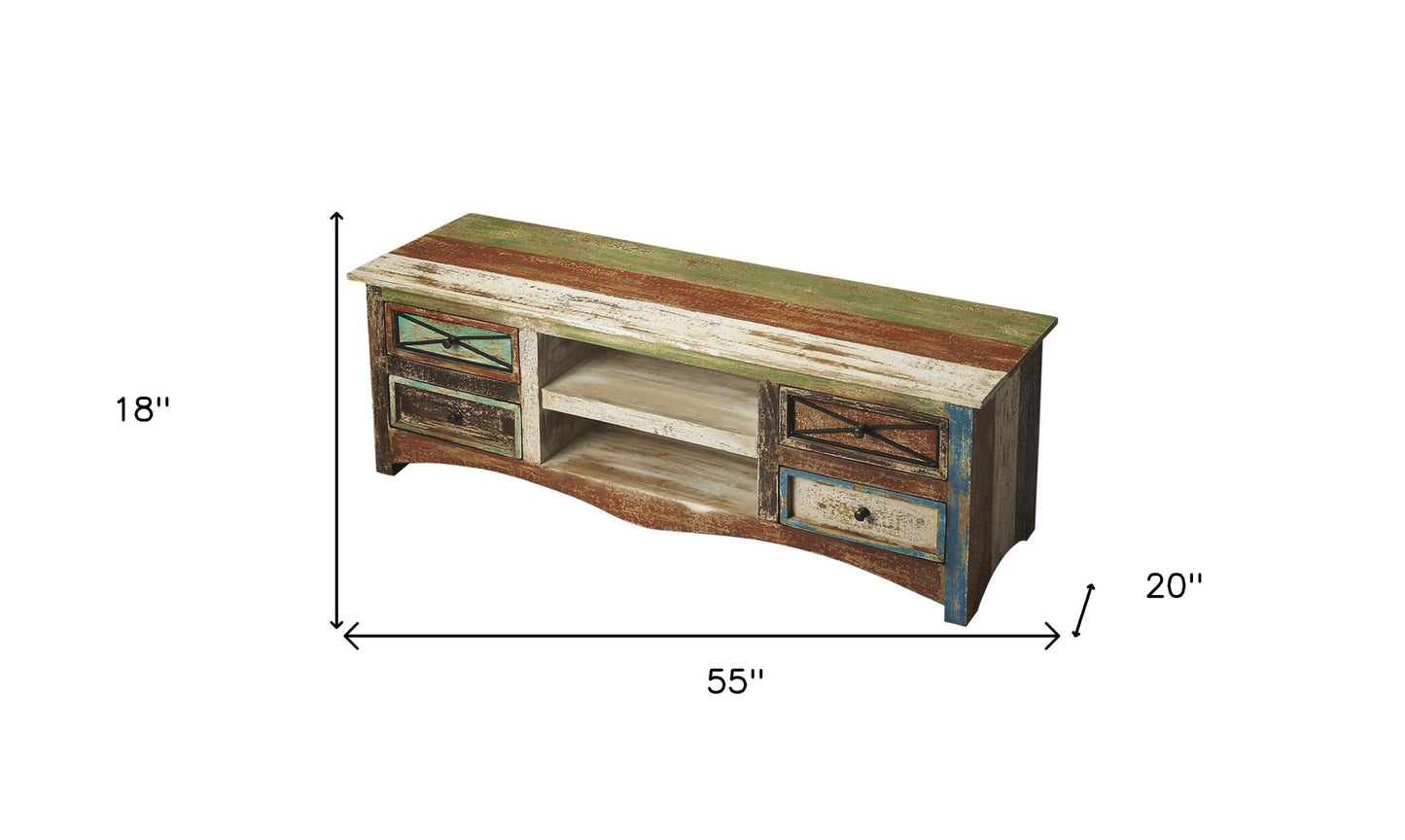 55" Brown And White Wood And Manufactured Cabinet Enclosed Storage TV Stand
