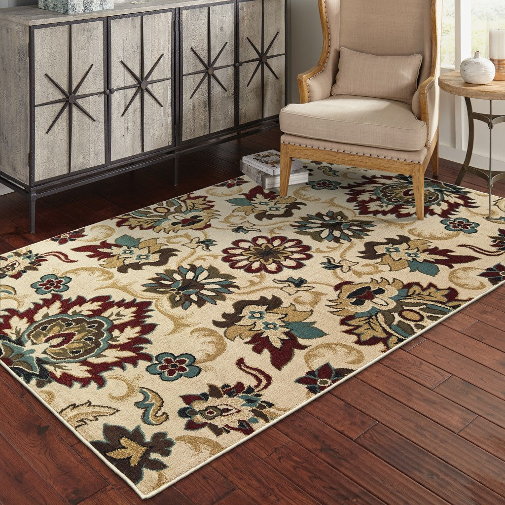 5’X7’ Ivory And Red Floral Vines Area Rug
