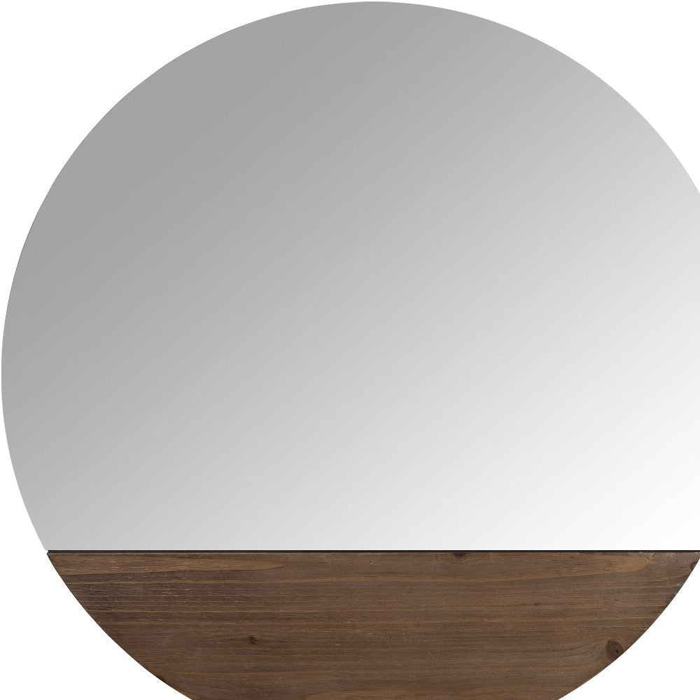 Contemporary Round Wall Mirror With Wooden Detailing