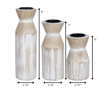 Set Of Three Distressed White Candle Holders