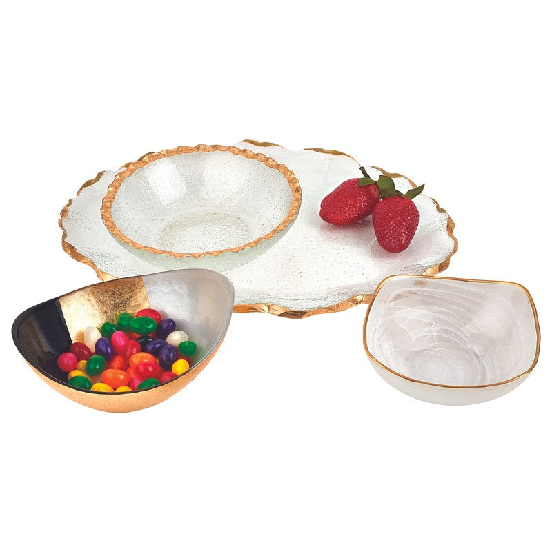 Bubble Glass Scalloped Gold Rim Round Platter Or Tray