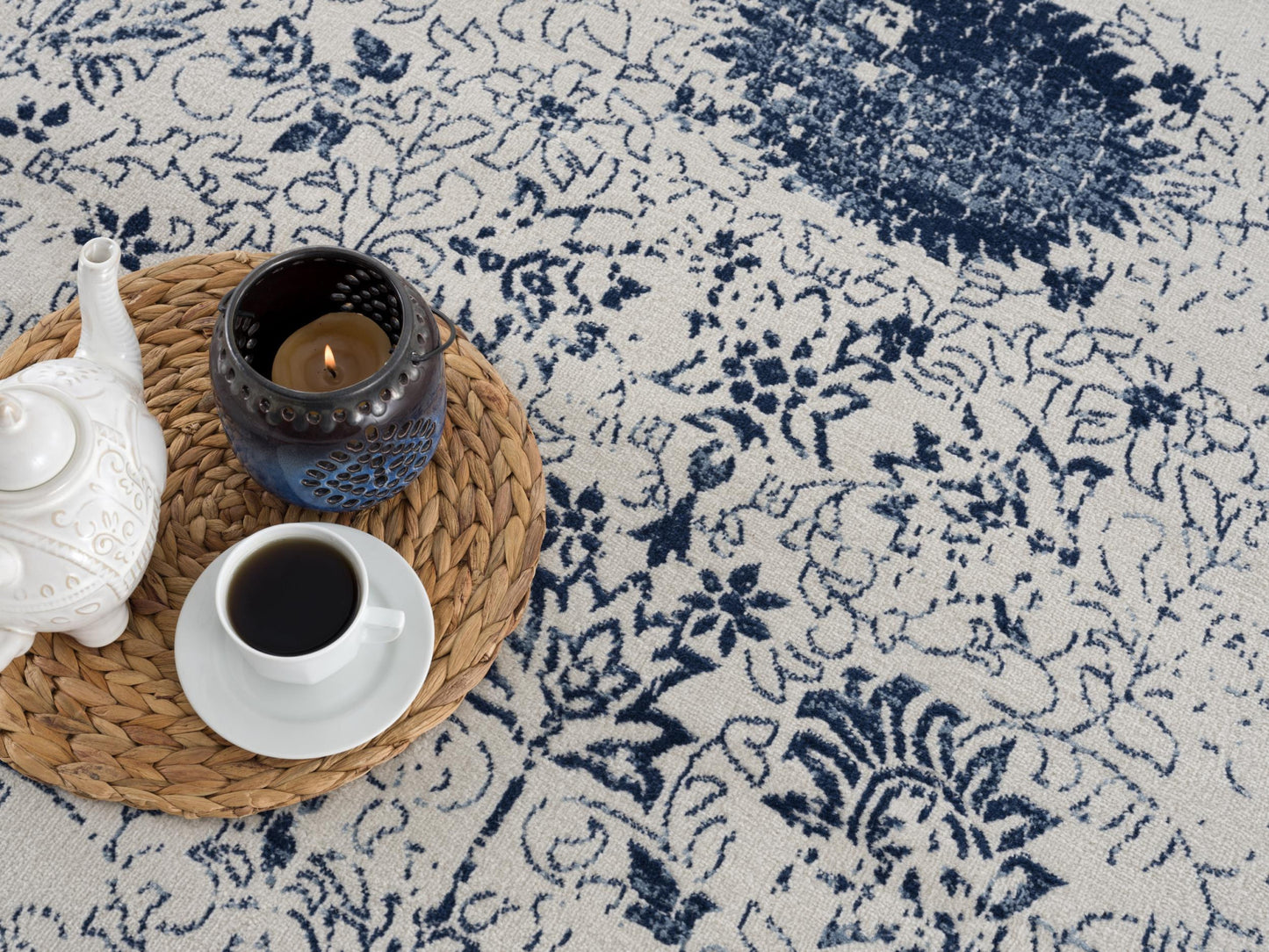 5’ X 8’ Navy Blue Distressed Floral Area Rug
