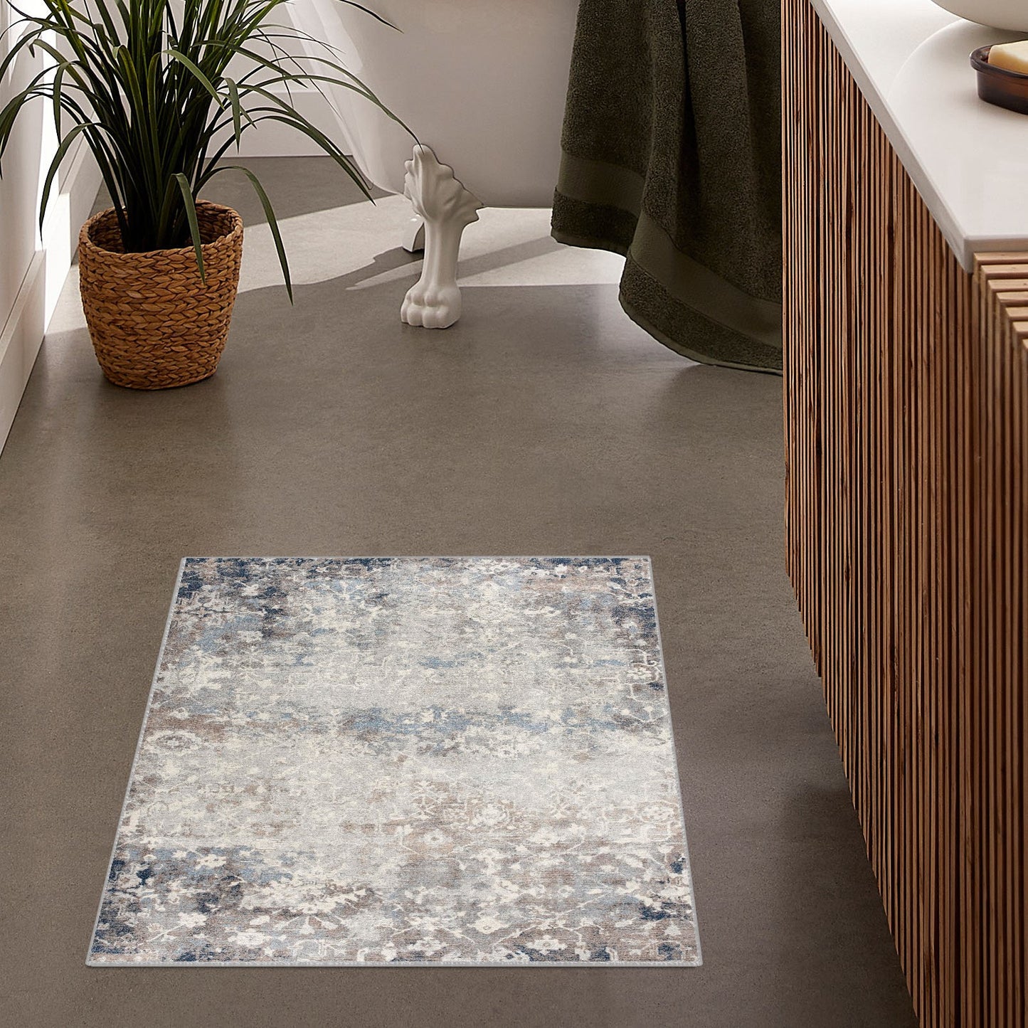 4’ X 6’ Navy And Beige Distressed Vines Area Rug