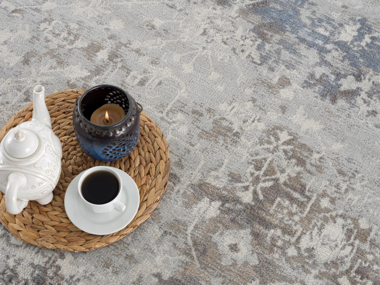 4’ X 6’ Navy And Beige Distressed Vines Area Rug